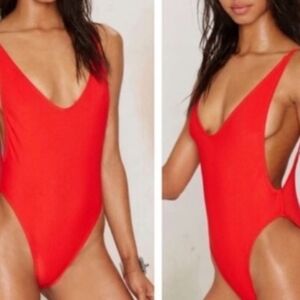 Nasty Gal Swim  red Ribbed Alina One Piece Swimsuit